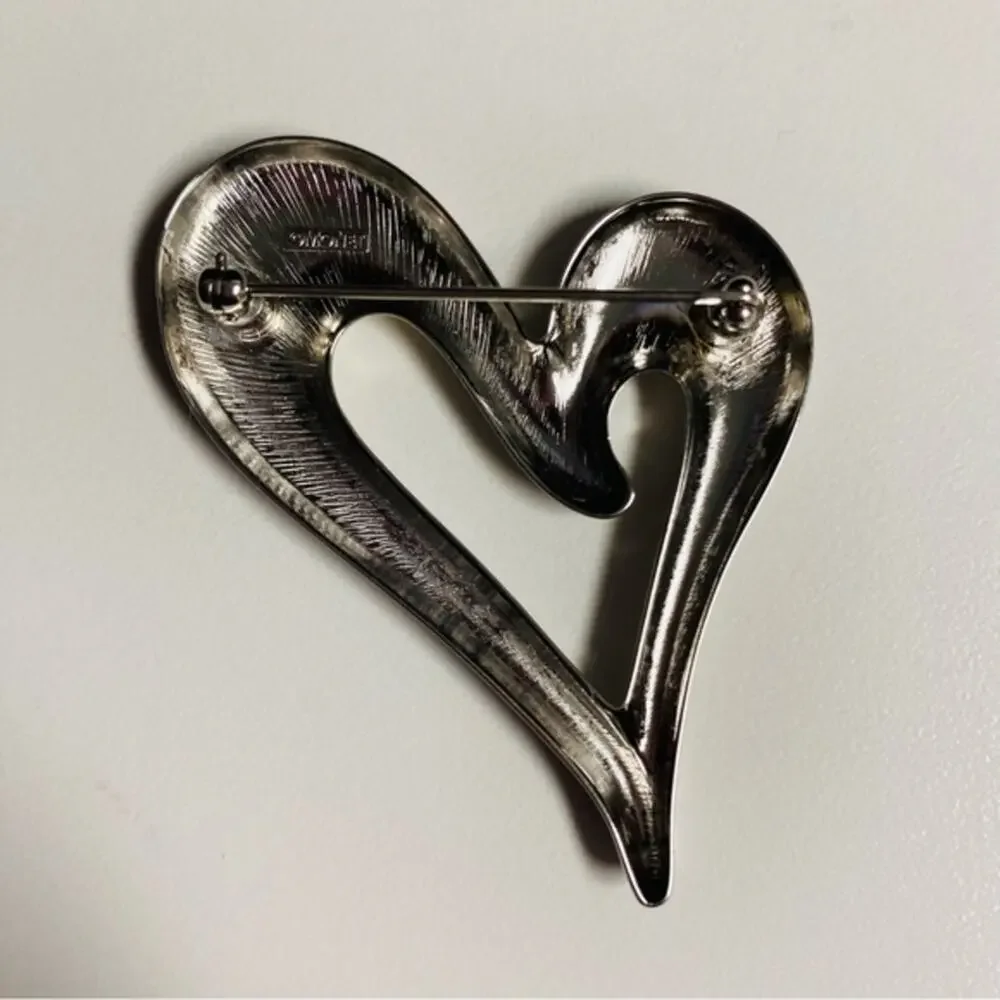 Monet Vintage Signed Silvertone Heart Brooch Pin 2.5” 70s